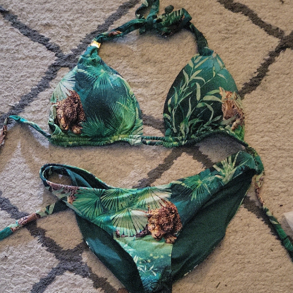 Green Tropical Leopard Print Halter Bikini Top and Bottom Set